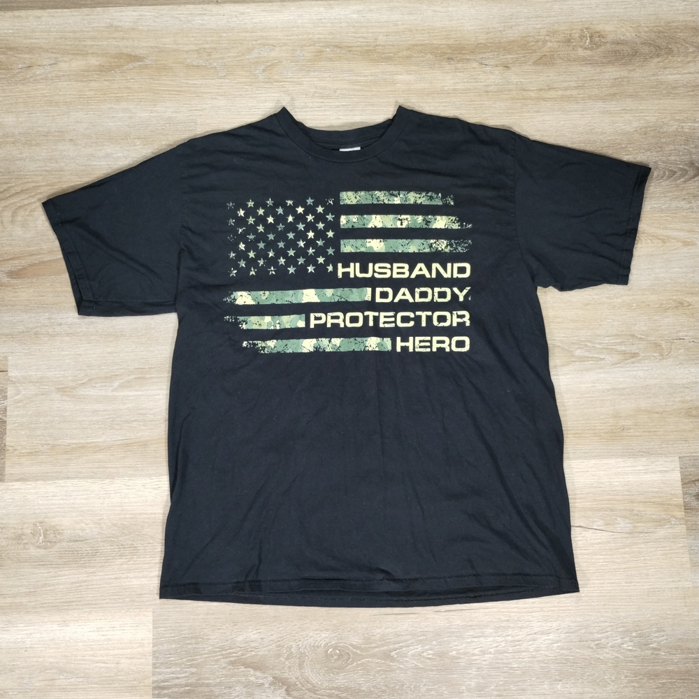 Husband Daddy Protector Hero Graphic Tee XL Black Faded Flag Casual Dadcore